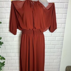 NWOT/Terracotta Open Shoulders Dress with Dolman Sleeves,golden metallic collar.